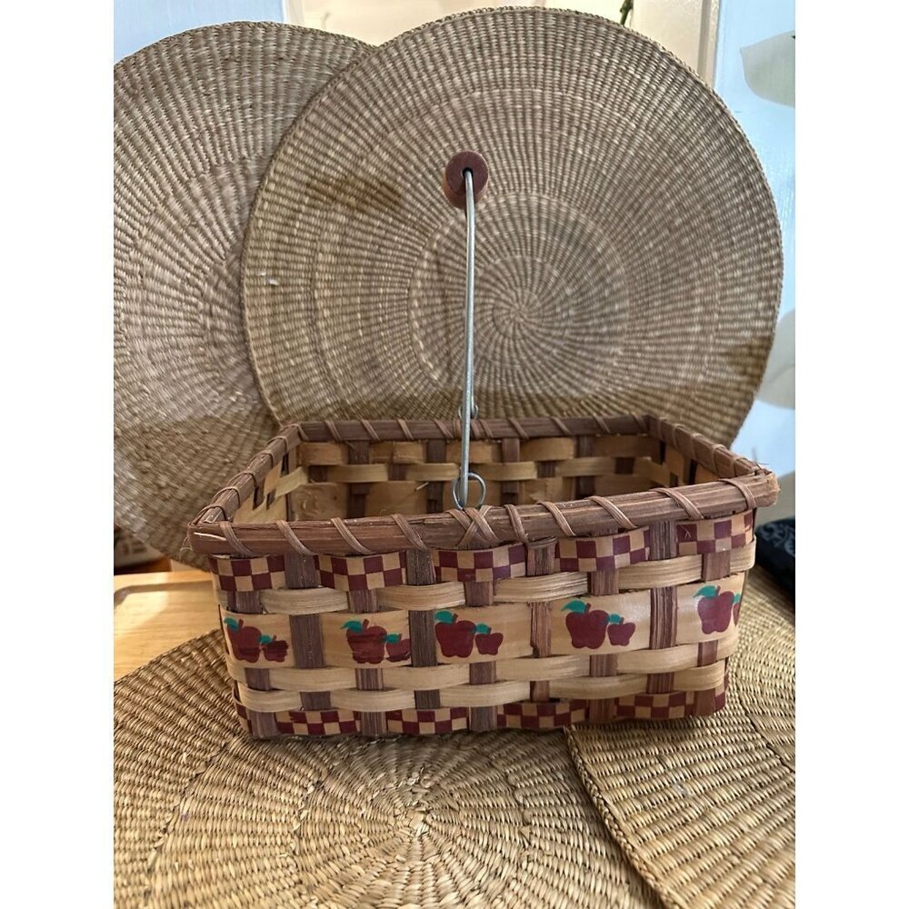 Vintage Woven Basket with Apple Design & Wooden Handle